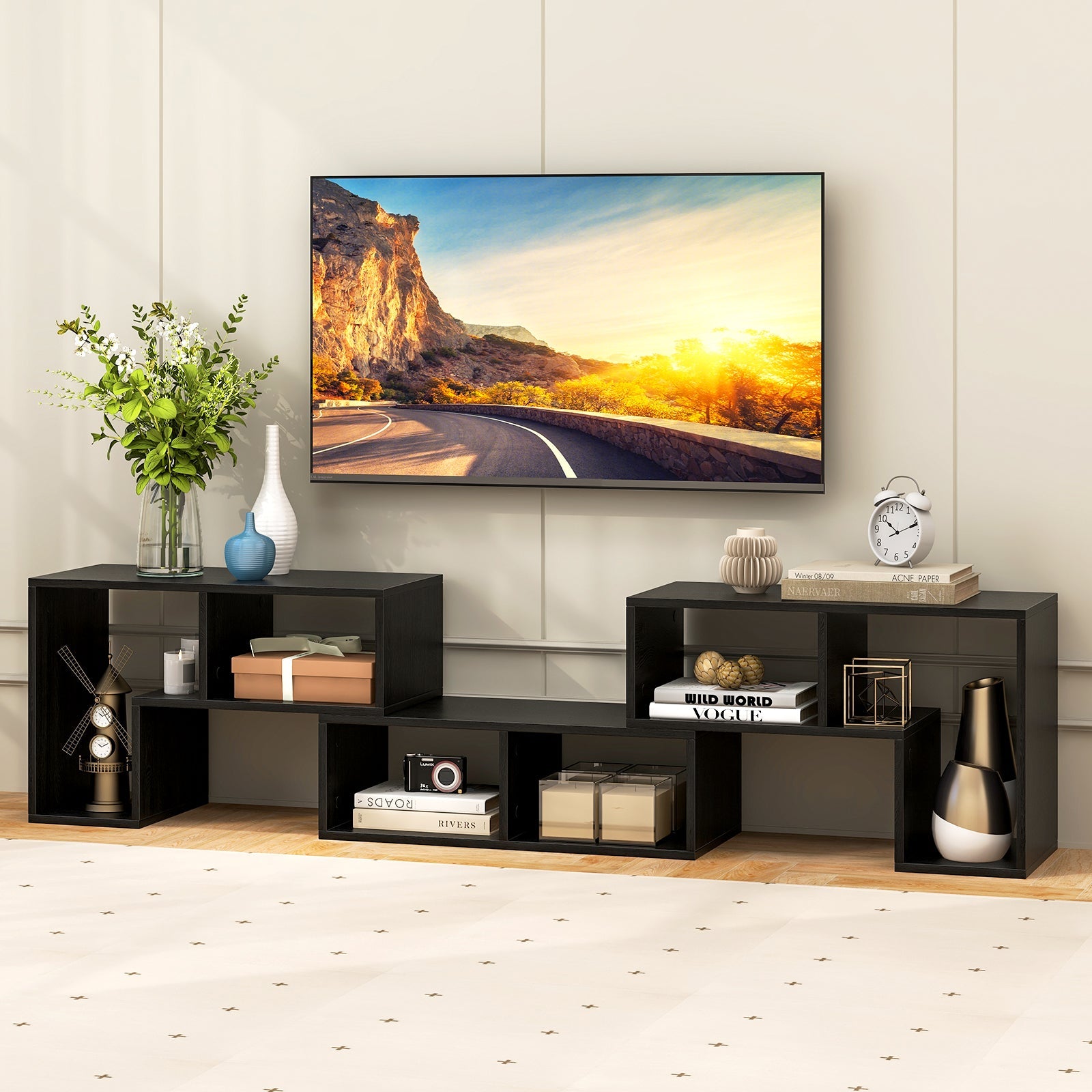 3 Pieces Adjustable TV Stand for TVs up to 65 Inch with Shelves-Mixed Black
