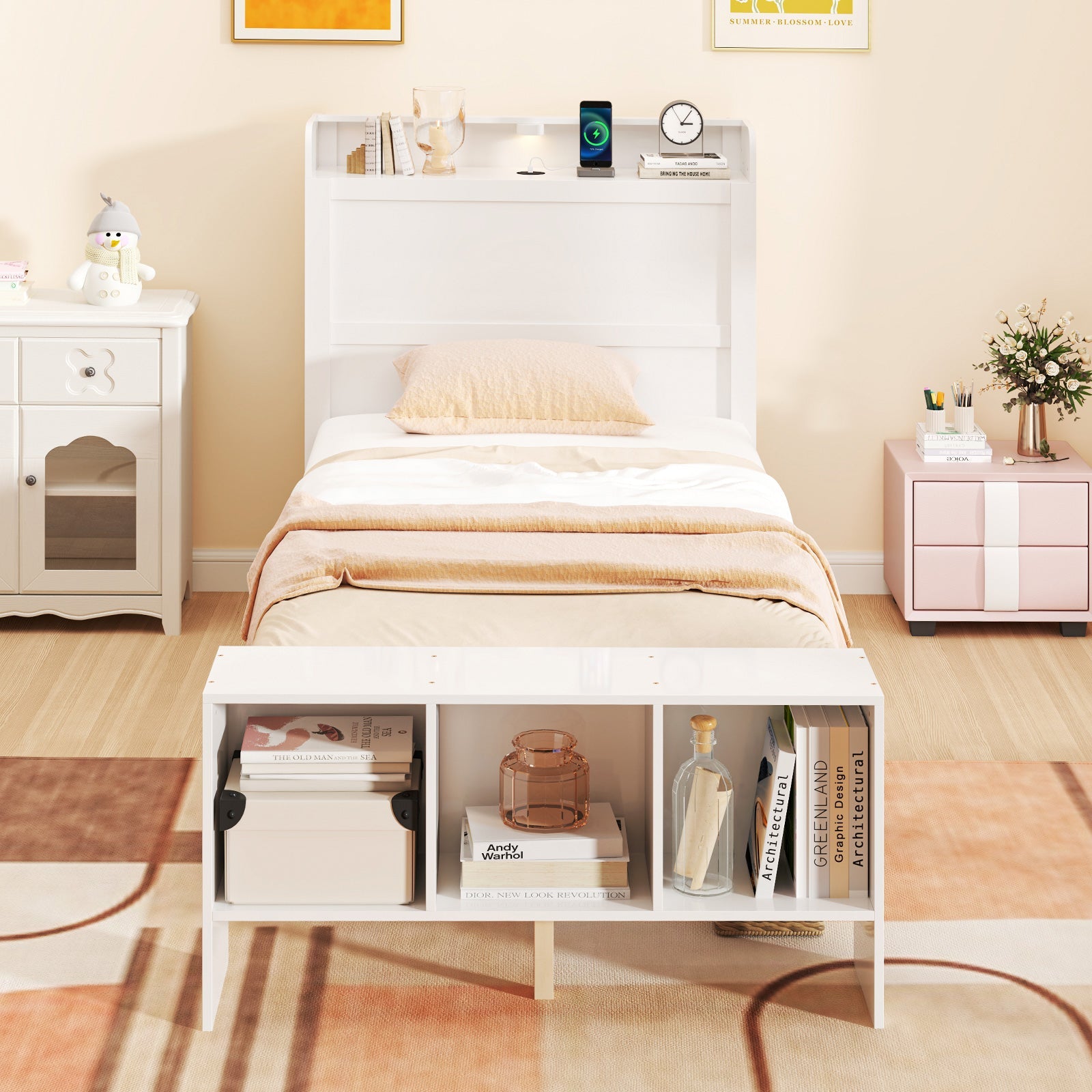 Twin Size Bed Frame with 2 USB Ports with Storage Headboard and Lights-Twin Size