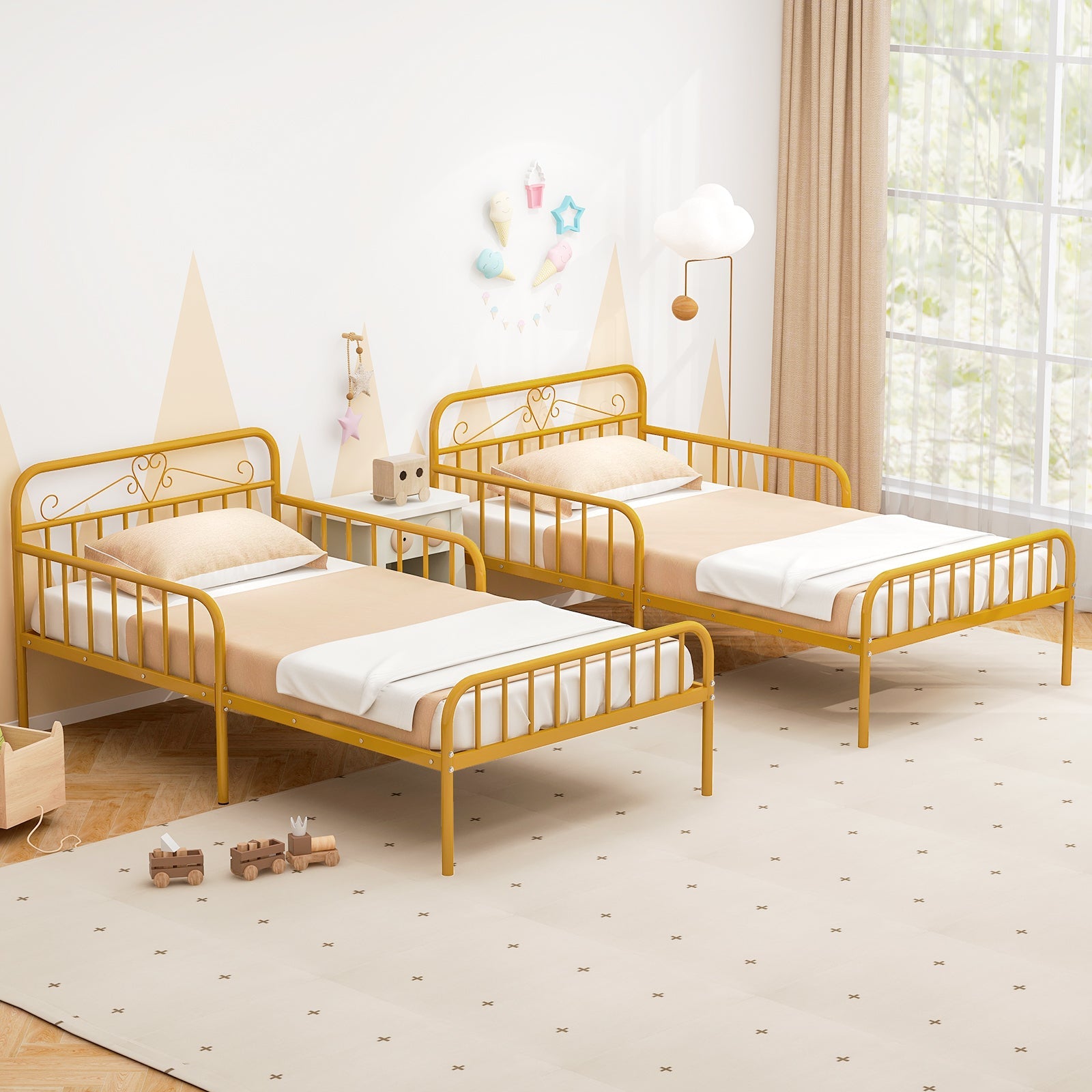 Twin Size Bed Frame with Headboard and Safety Side Guardrails-Gold