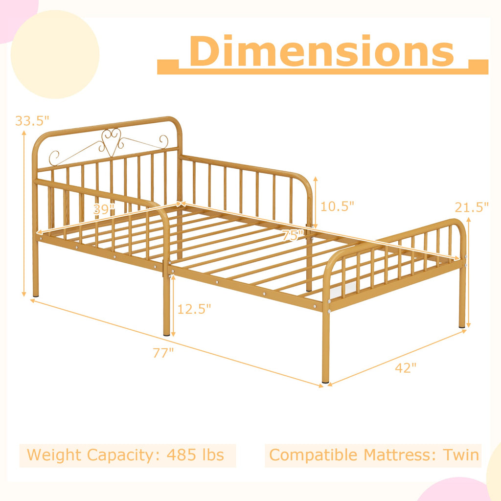 Twin Size Bed Frame with Headboard and Safety Side Guardrails-Gold