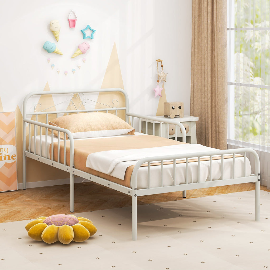 Twin Size Bed Frame with Headboard and Safety Side Guardrails-White