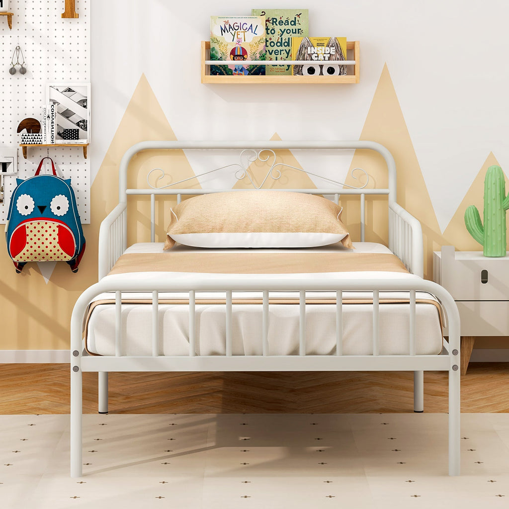 Twin Size Bed Frame with Headboard and Safety Side Guardrails-White