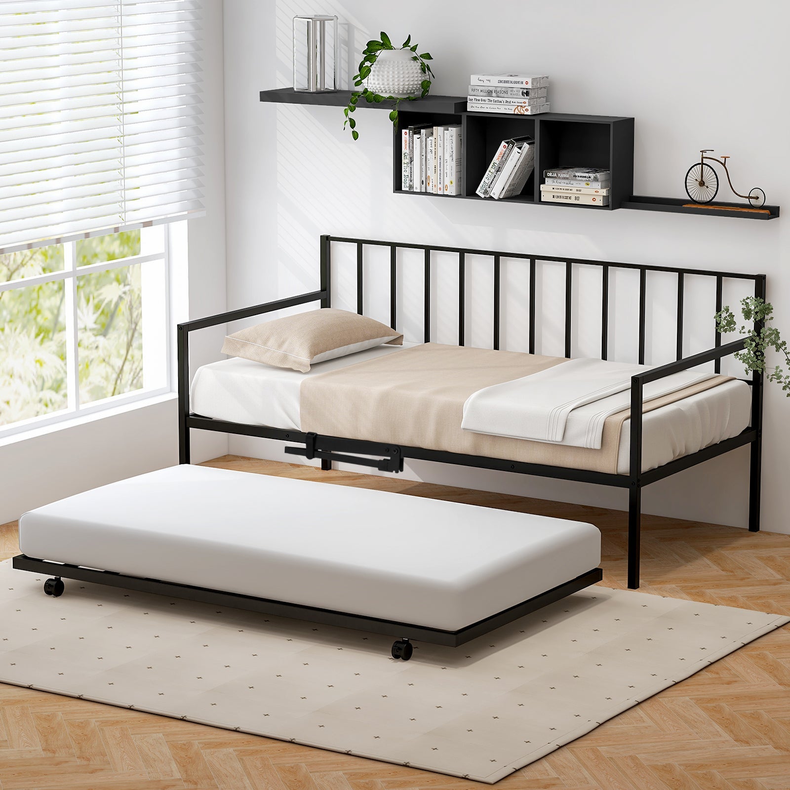 Twin Size Daybed and Trundle Frame Set Trundle Bedframe-Black