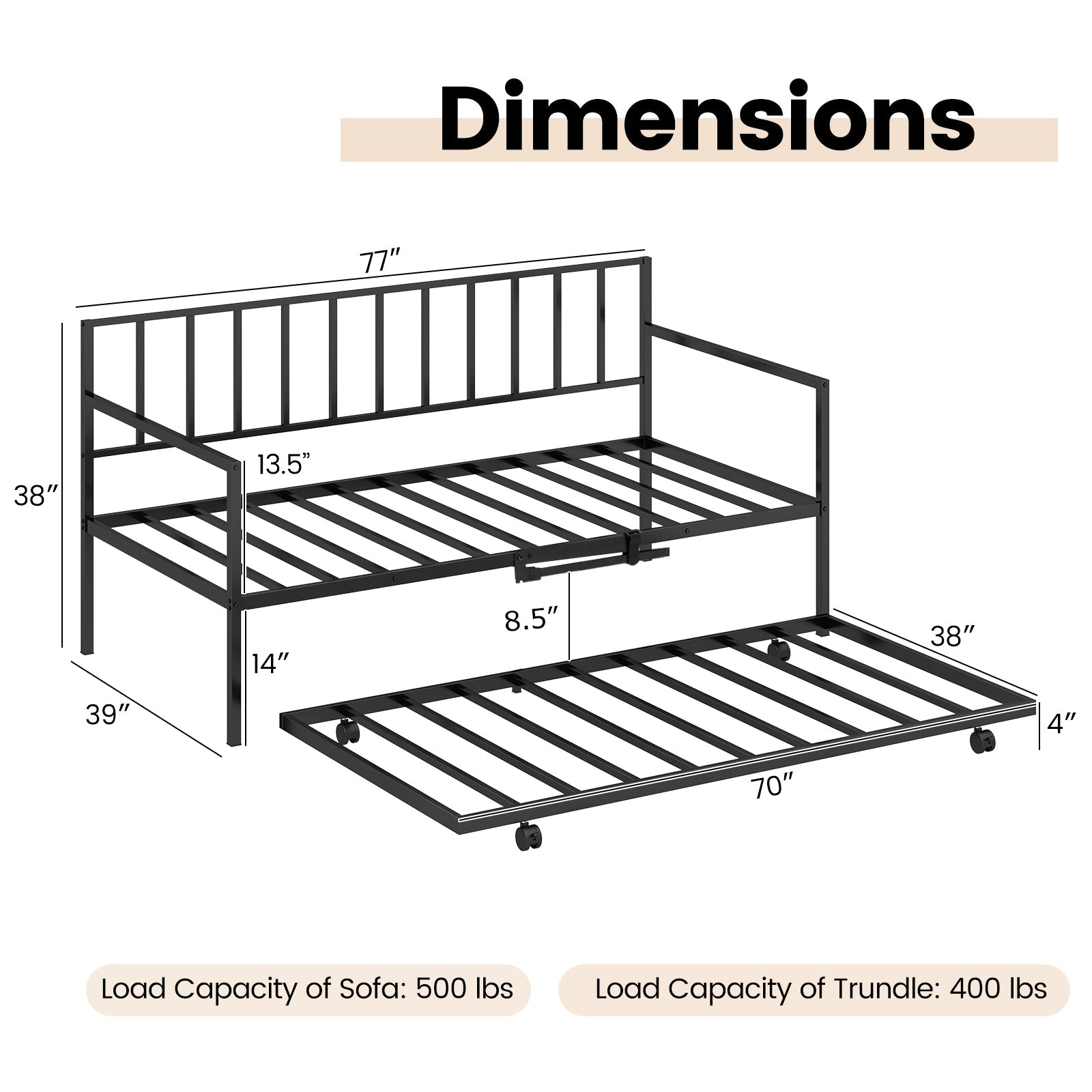 Twin Size Daybed and Trundle Frame Set Trundle Bedframe-Black