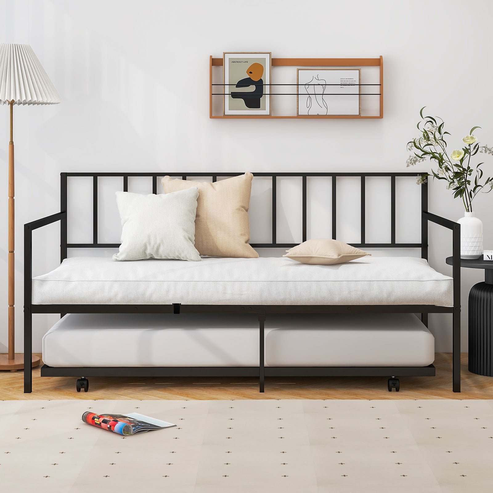 Twin Size Daybed and Trundle Frame Set Trundle Bedframe-Black