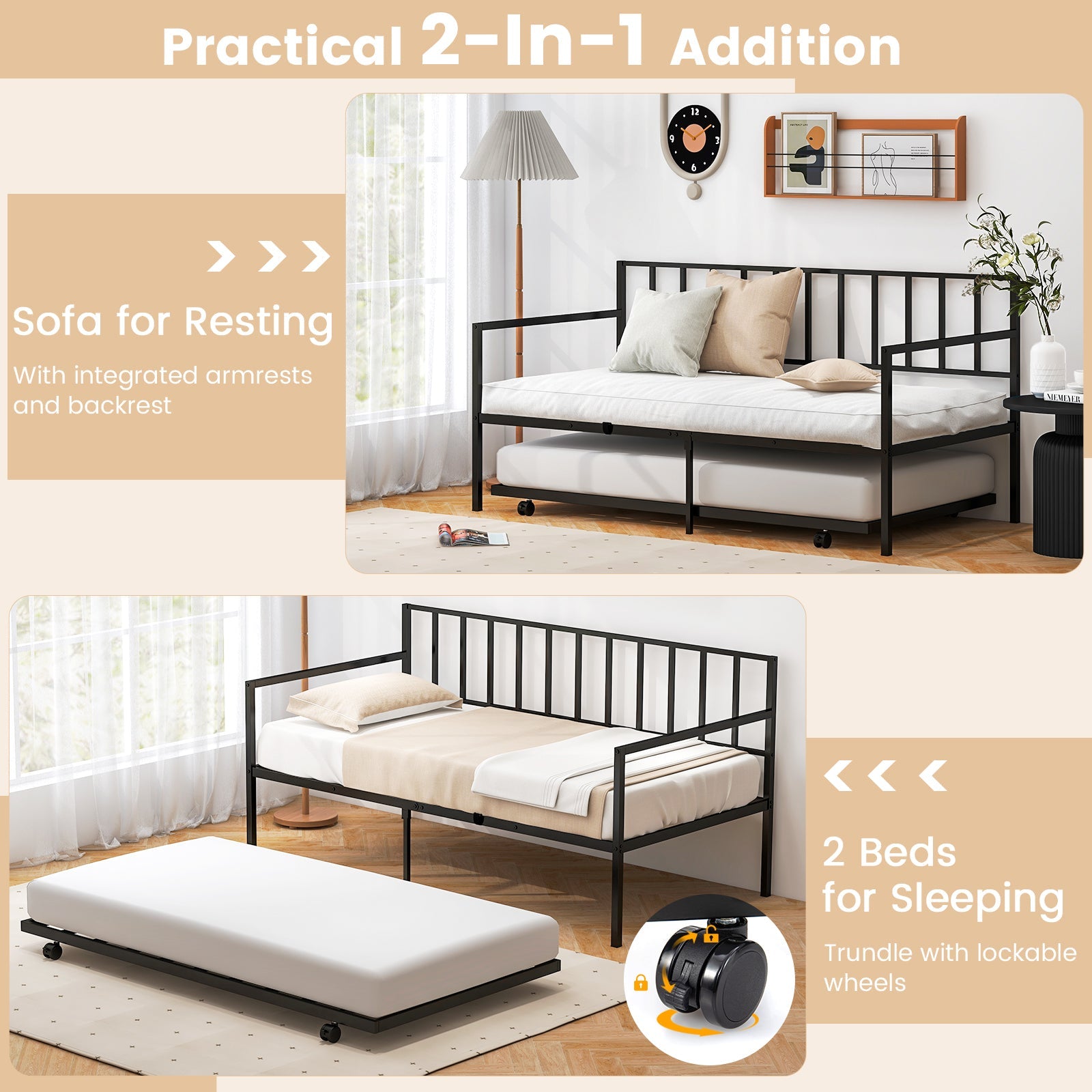 Twin Size Daybed and Trundle Frame Set Trundle Bedframe-Black