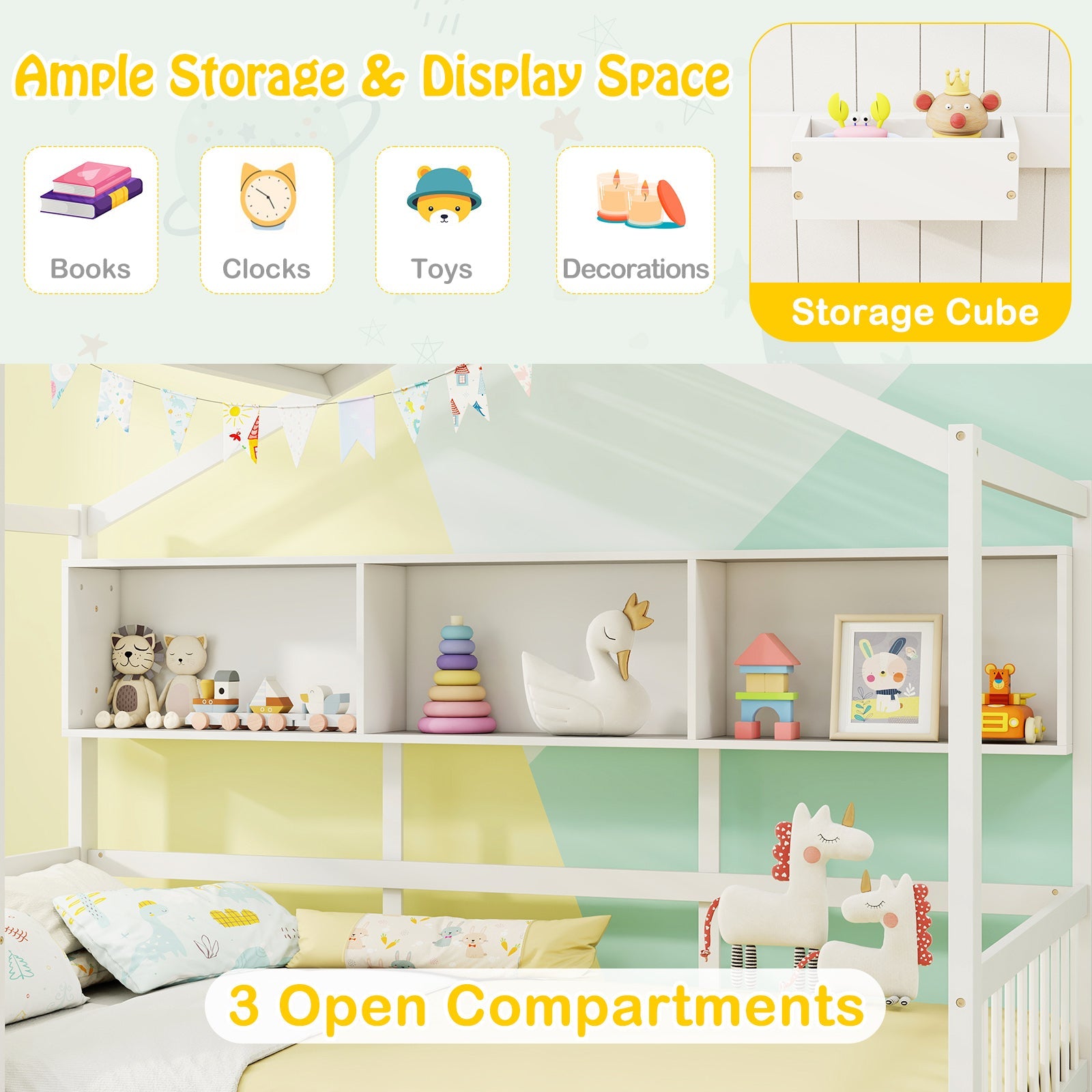 Twin Size House Bed with 2 Storage Drawers and Fence Guardrails-White