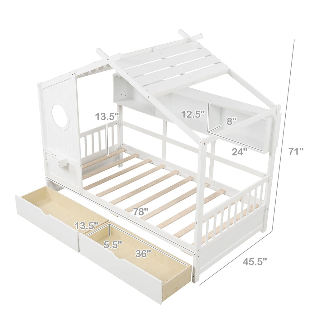 Twin Size House Bed with 2 Storage Drawers and Fence Guardrails-White