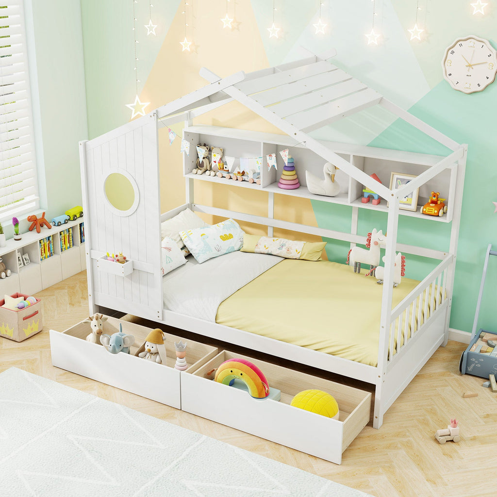 Twin Size House Bed with 2 Storage Drawers and Fence Guardrails-White