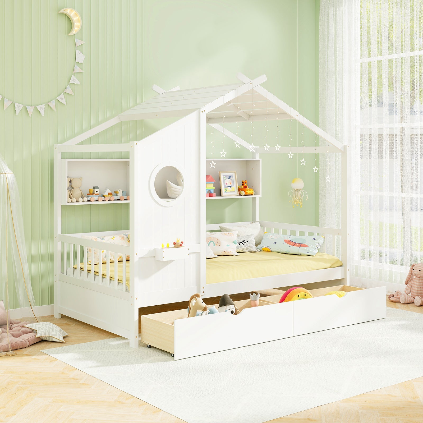 Twin Size House Bed with 2 Storage Drawers and Fence Guardrails-White