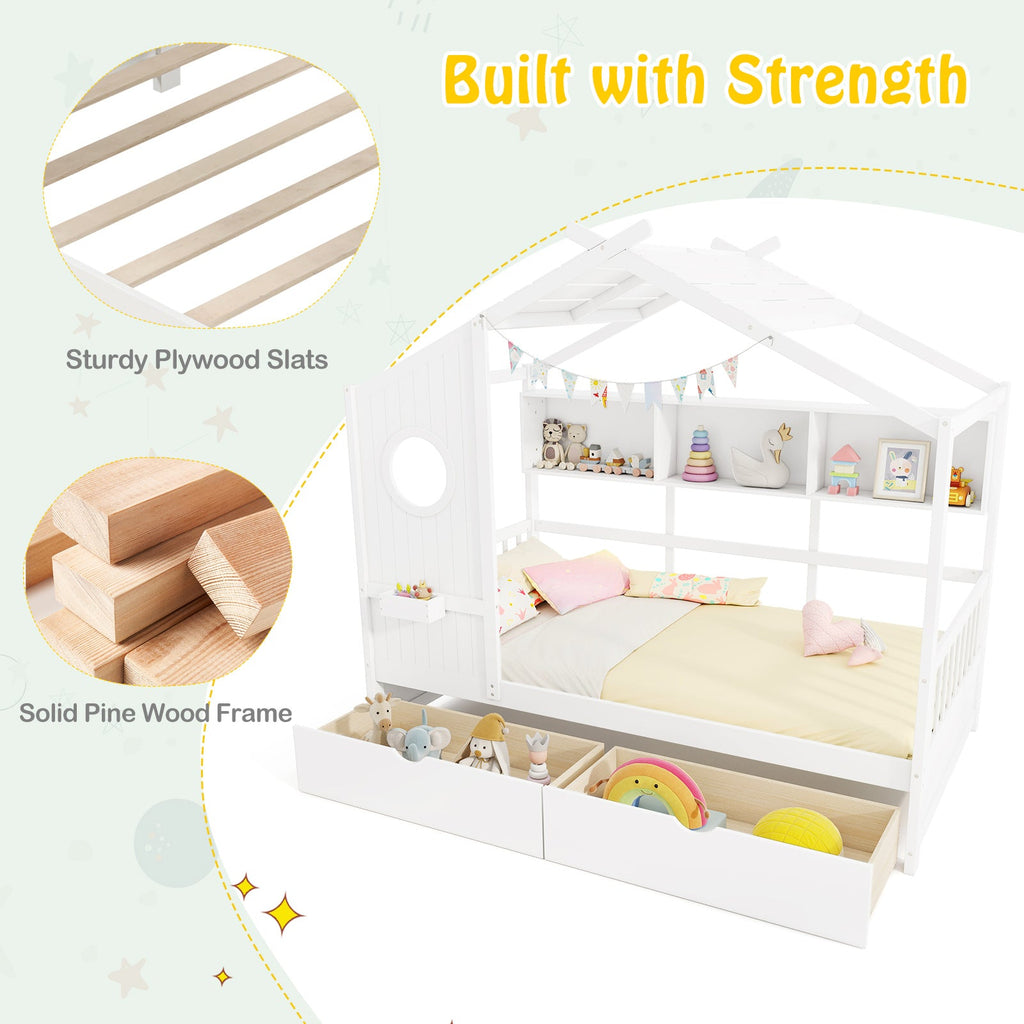 Twin Size House Bed with 2 Storage Drawers and Fence Guardrails-White