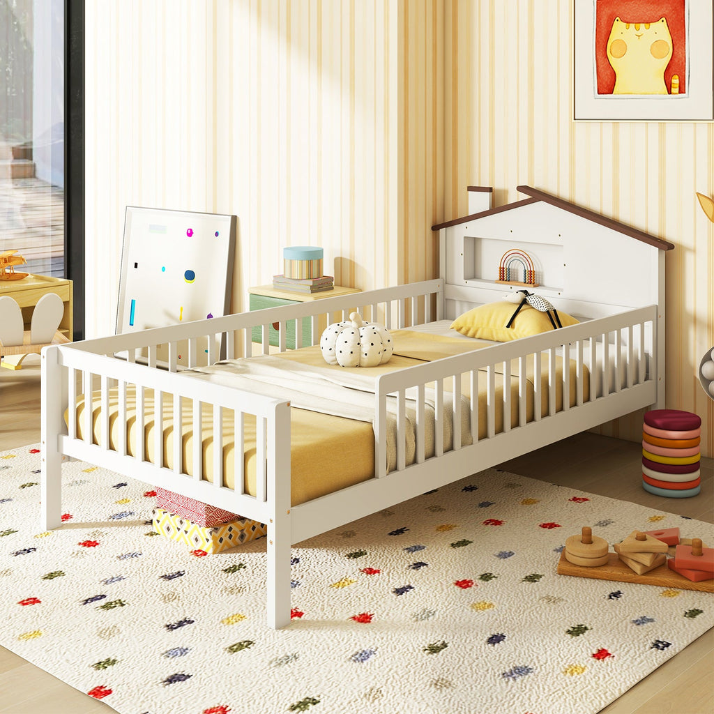 Twin Size Kids Montessori Bed with House-Shaped Headboard and Built-in Storage Shelf-White