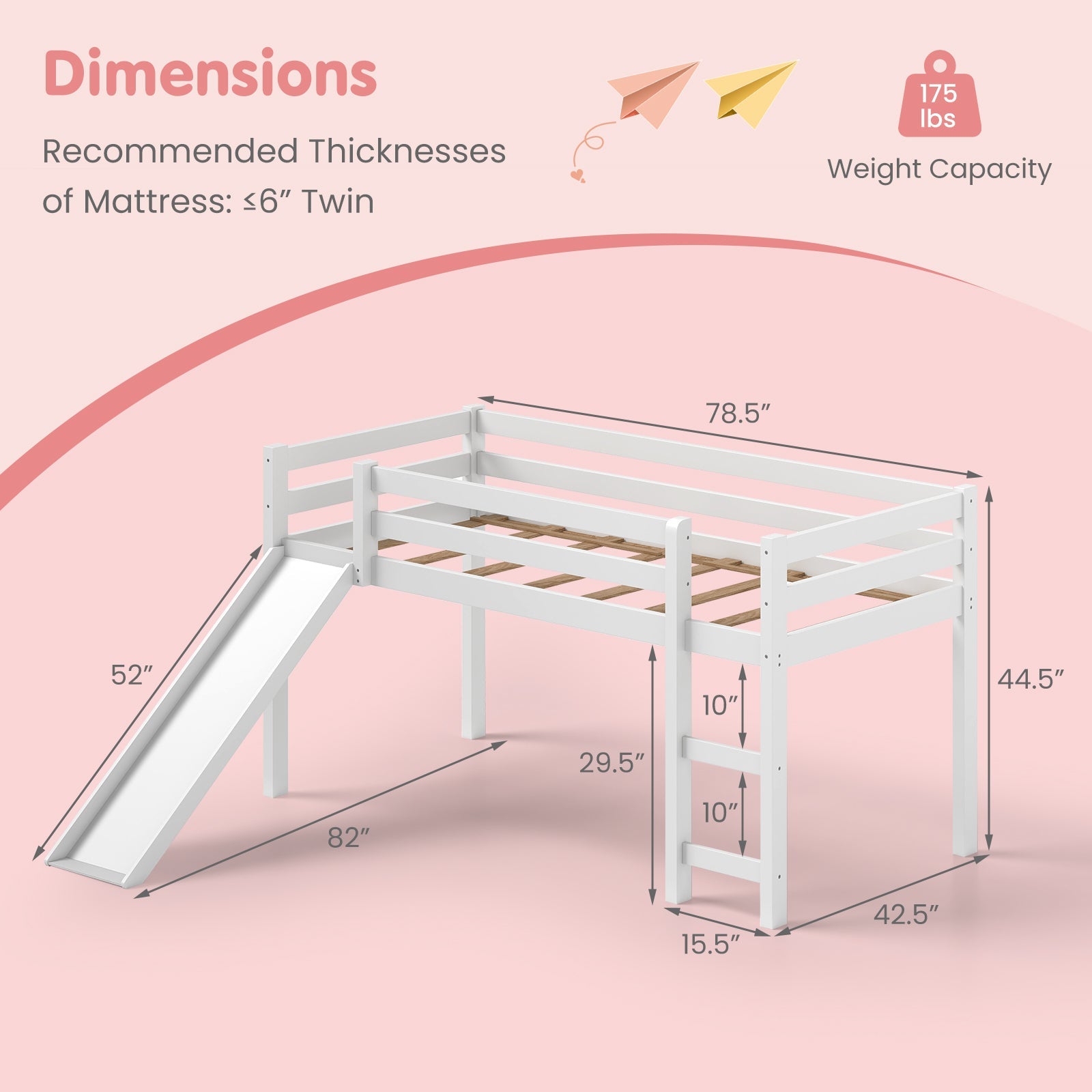 Twin Size Low Sturdy Loft Bed with Slide Wood-White