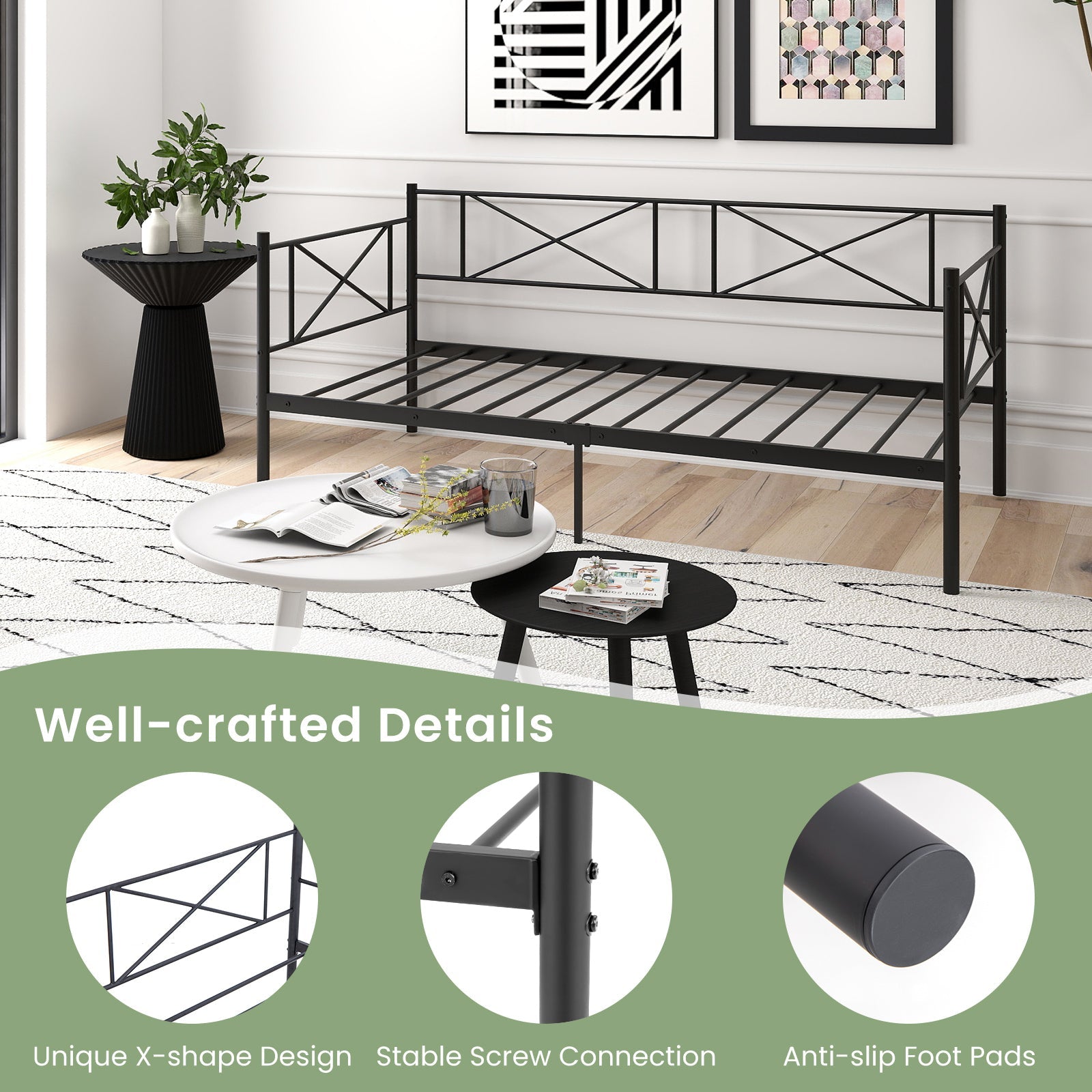 Twin Size Platform Bed with Heavy-duty Metal Slat Support-Black