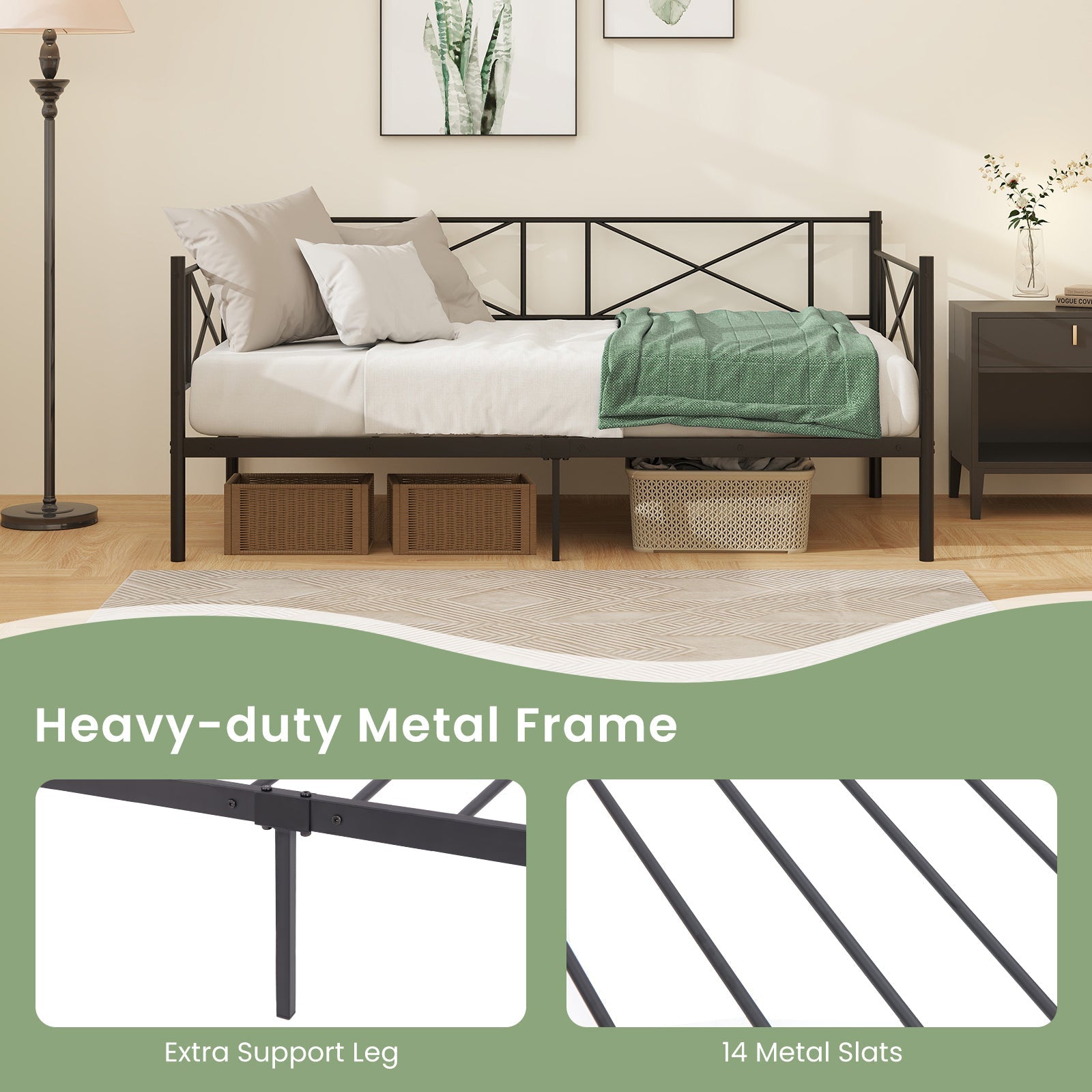 Twin Size Platform Bed with Heavy-duty Metal Slat Support-Black