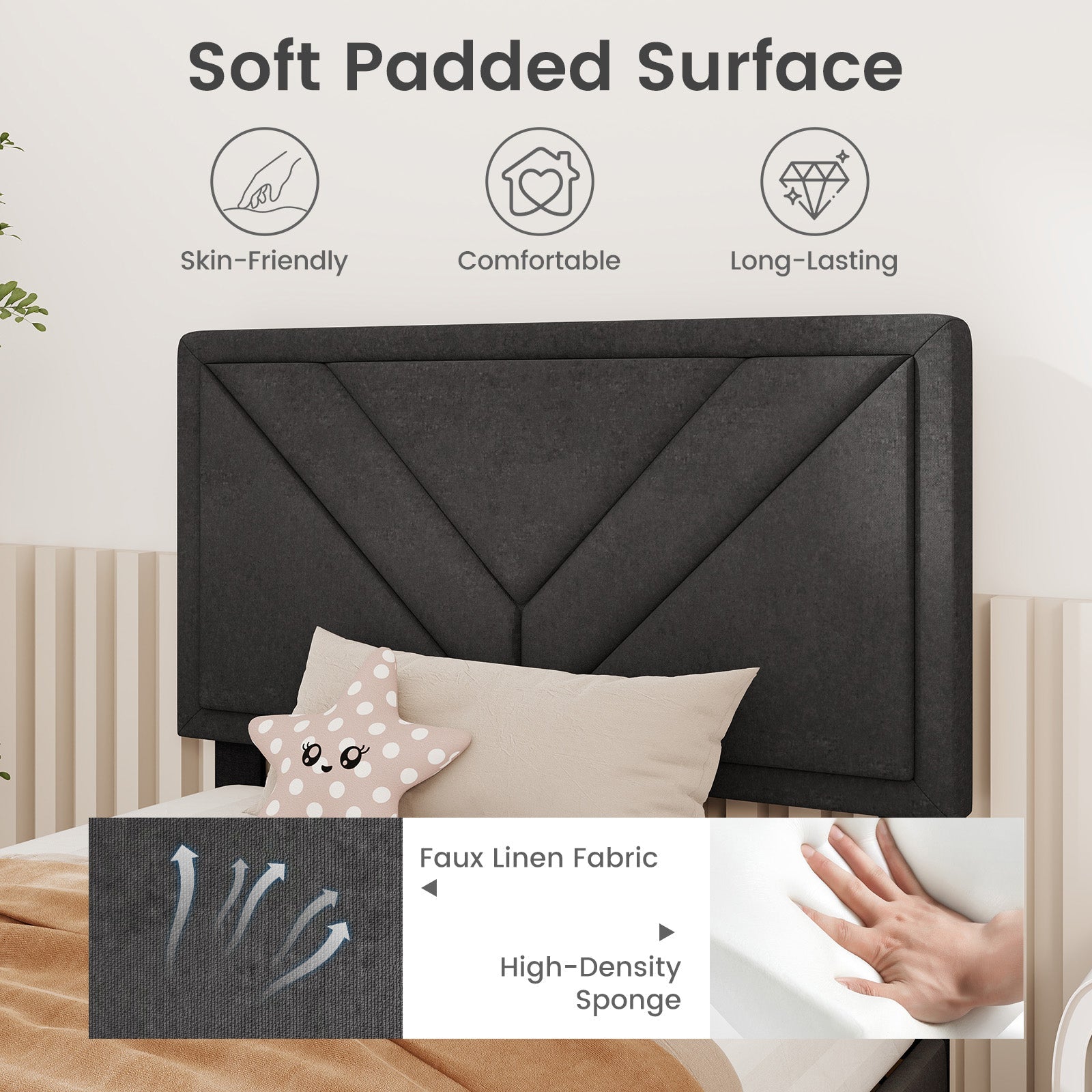 Upholstered Platform Bed with Tufted Headboard and Wooden Slats-Twin Size