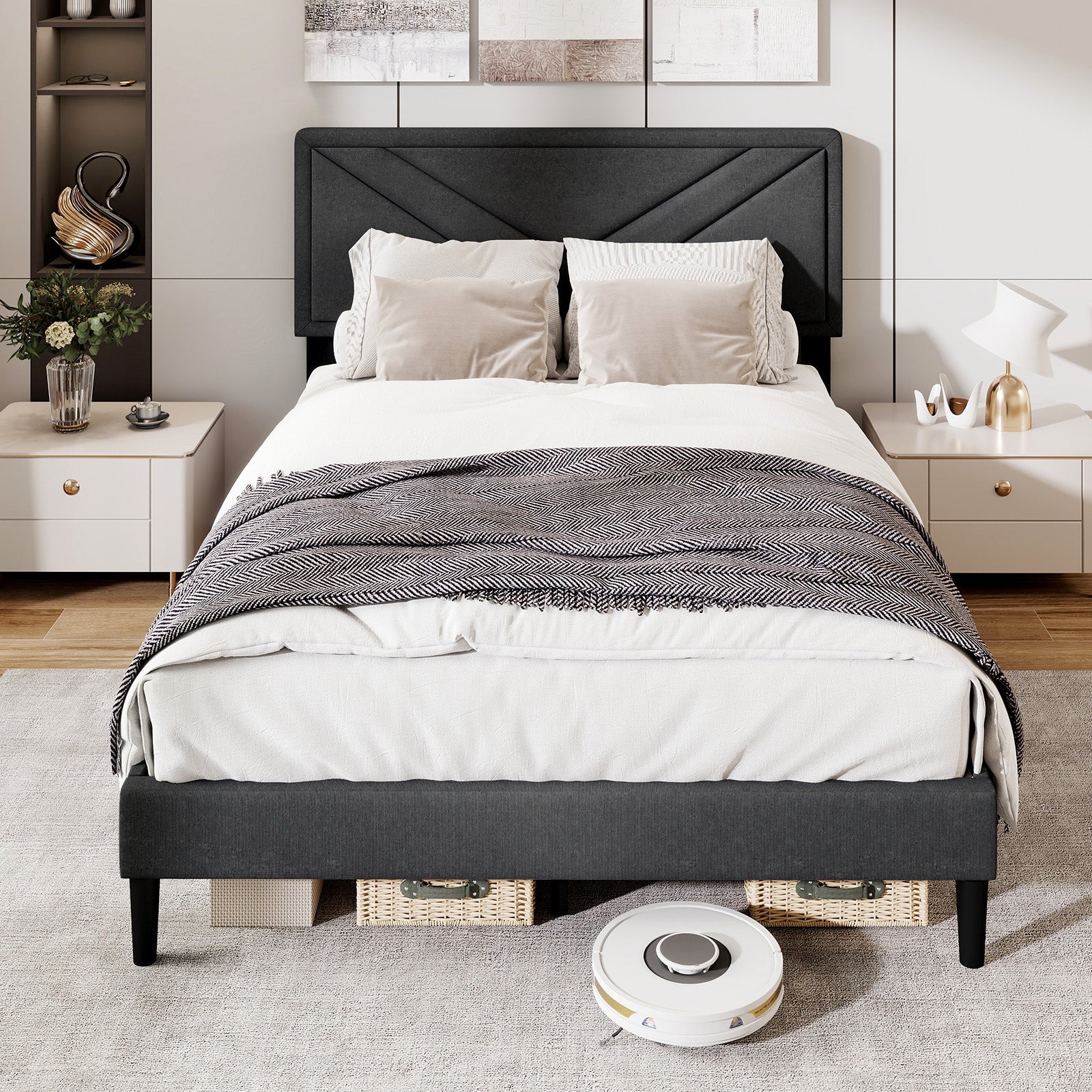 Upholstered Platform Bed with Tufted Headboard and Wooden Slats-Full Size