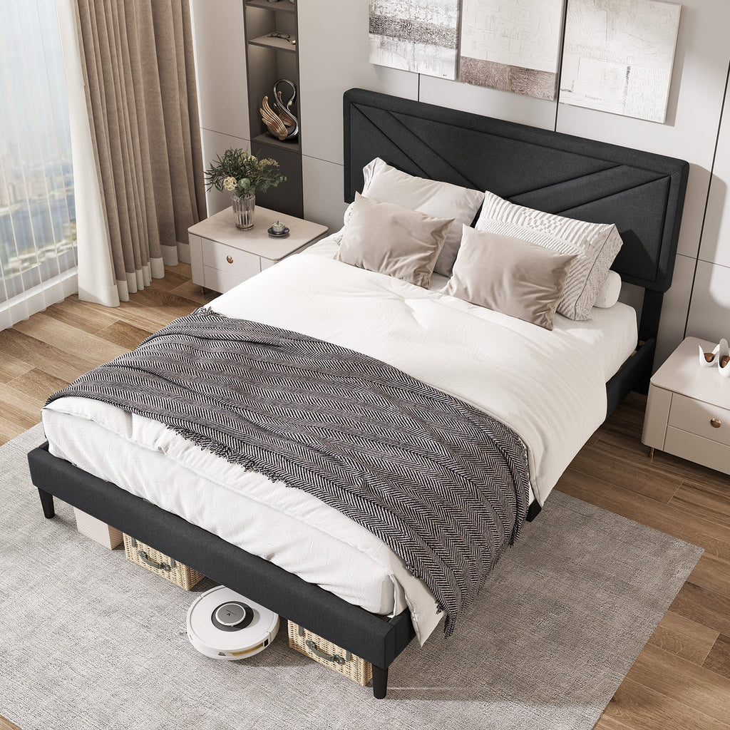 Upholstered Platform Bed with Tufted Headboard and Wooden Slats-Queen Size