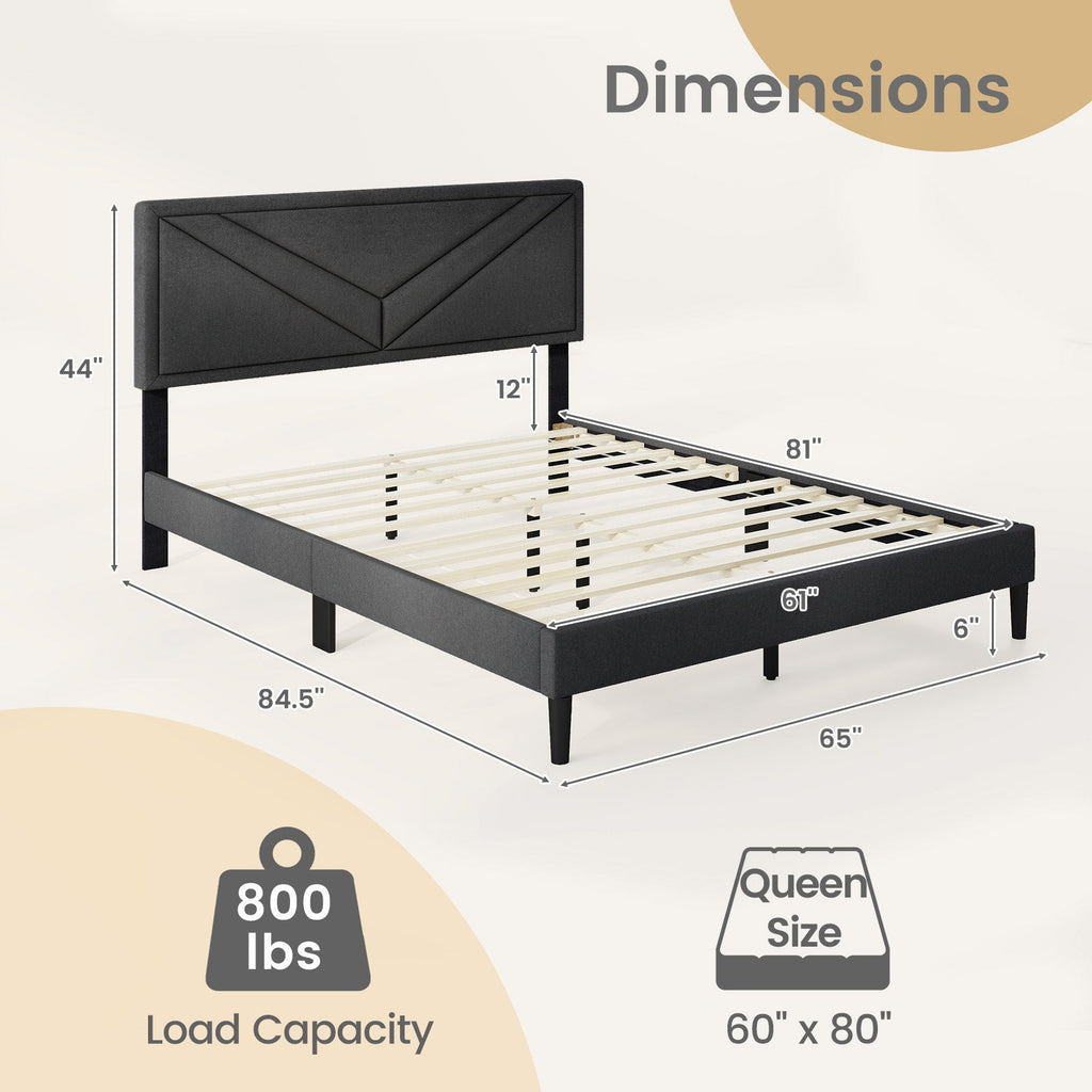Upholstered Platform Bed with Tufted Headboard and Wooden Slats-Queen Size