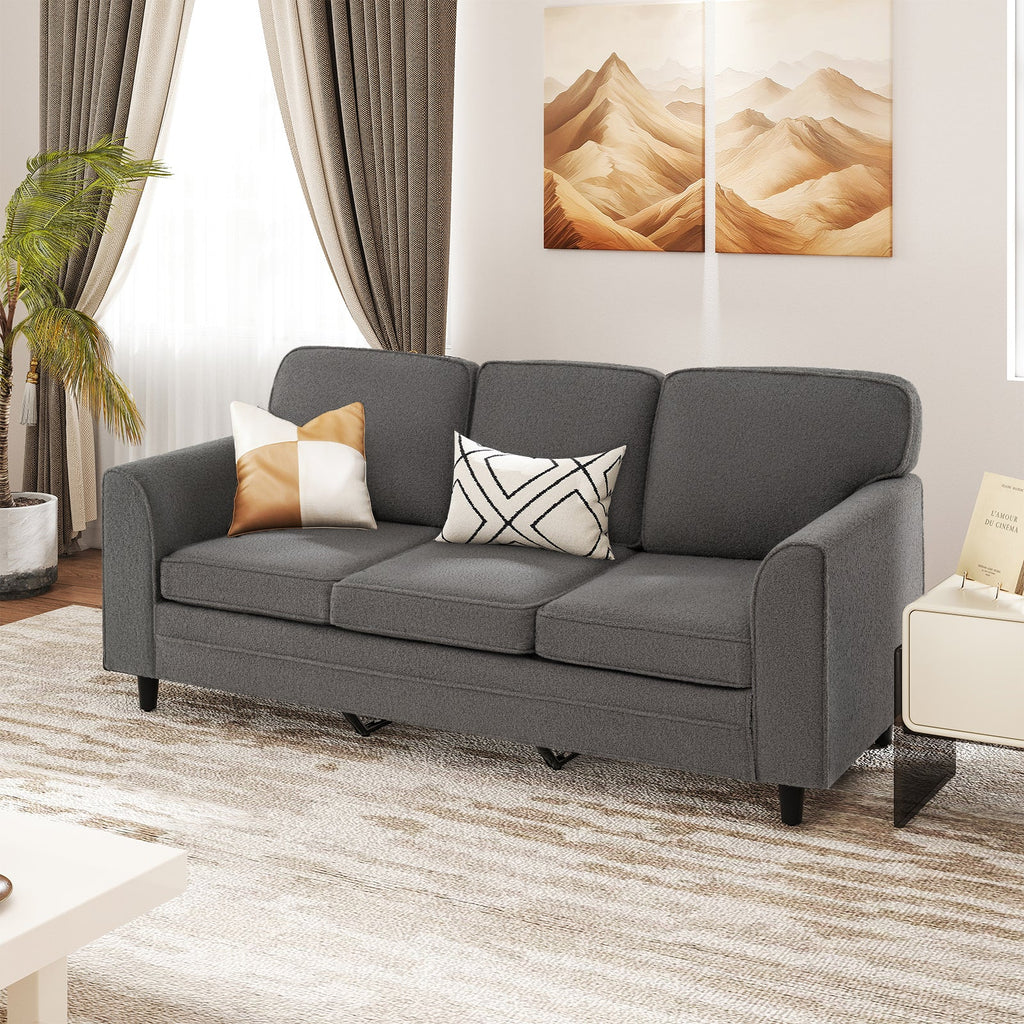 Upholstered Teddy Velvet 3-Seat Sofa with Comfy Back Pillows-Gray
