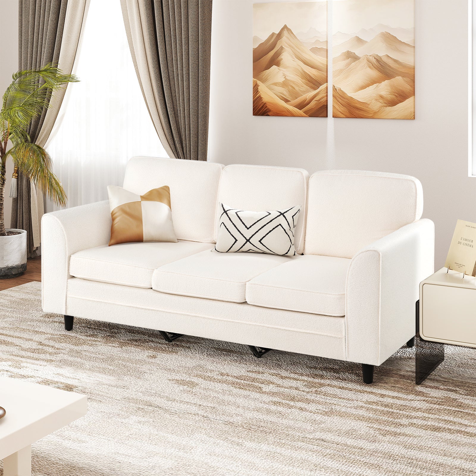 Upholstered Teddy Velvet 3-Seat Sofa with Comfy Back Pillows-White