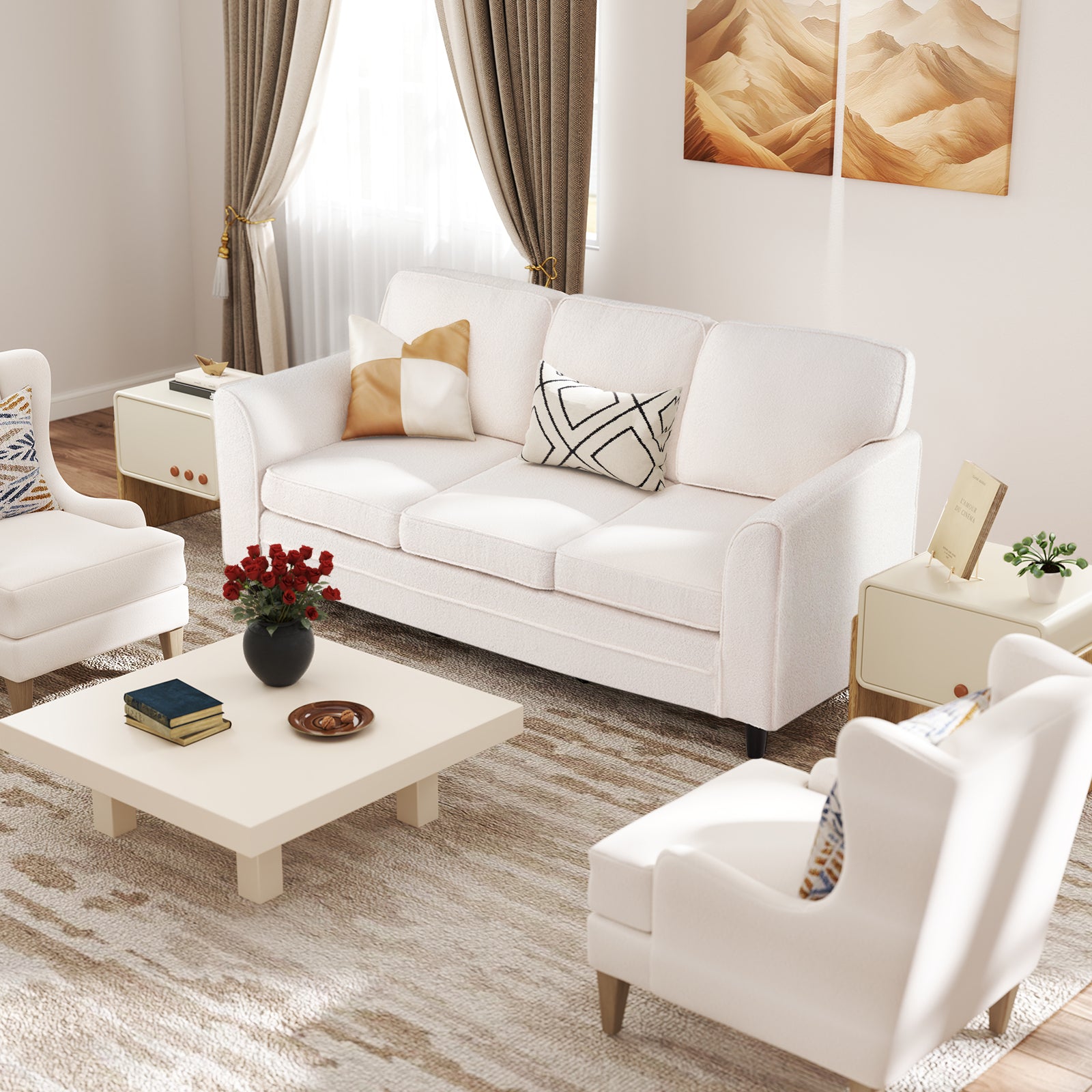 Upholstered Teddy Velvet 3-Seat Sofa with Comfy Back Pillows-White