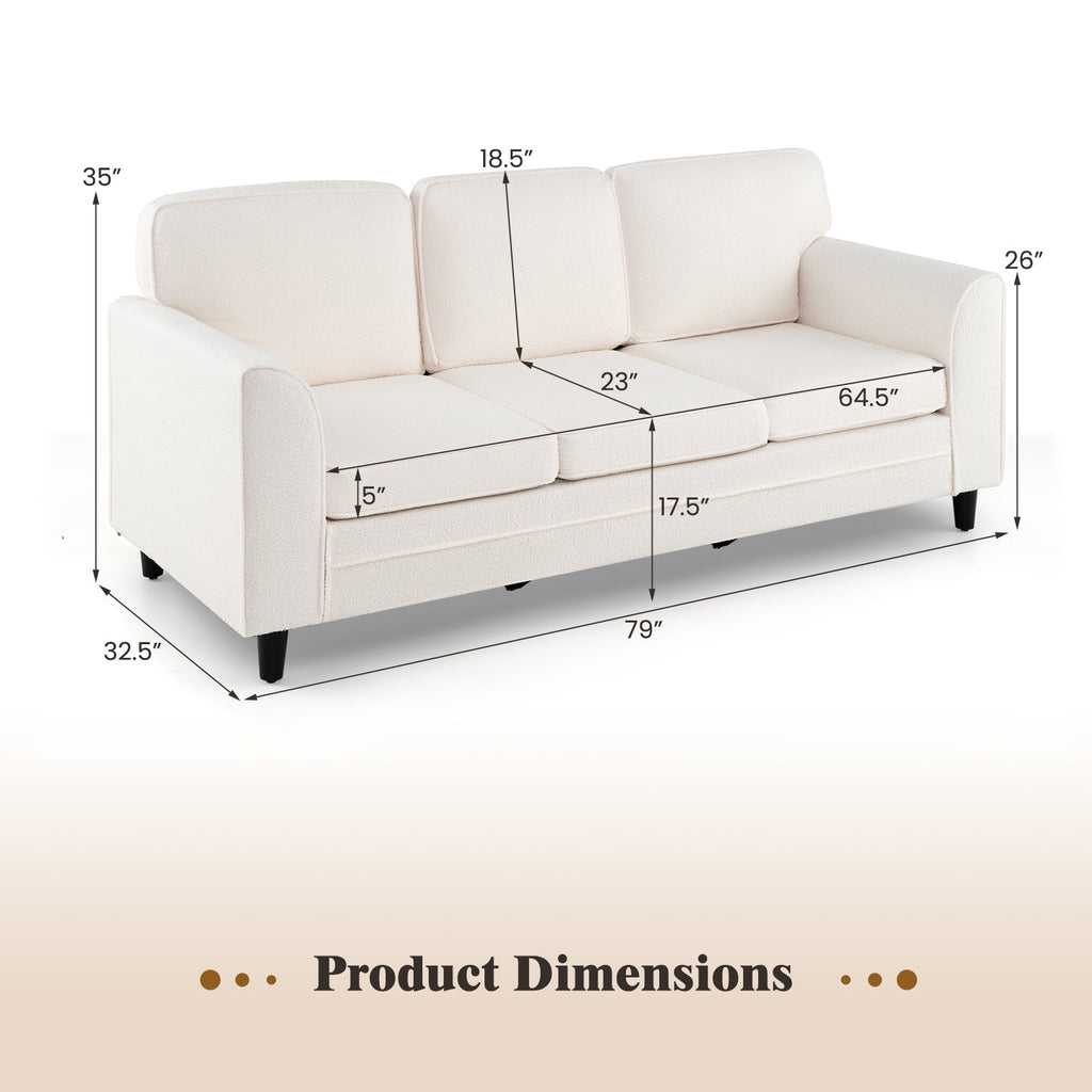 Upholstered Teddy Velvet 3-Seat Sofa with Comfy Back Pillows-White