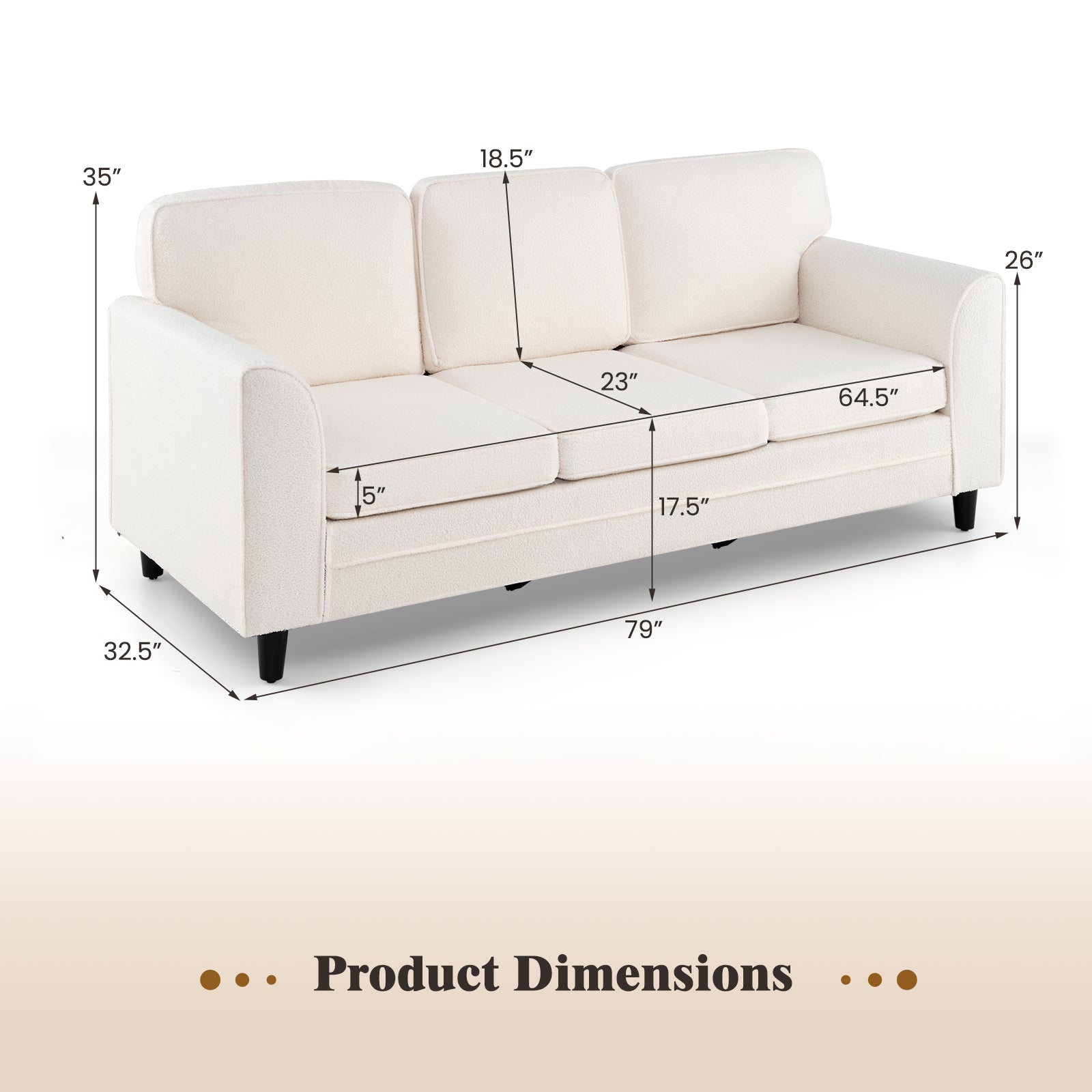 Upholstered Teddy Velvet 3-Seat Sofa with Comfy Back Pillows-White