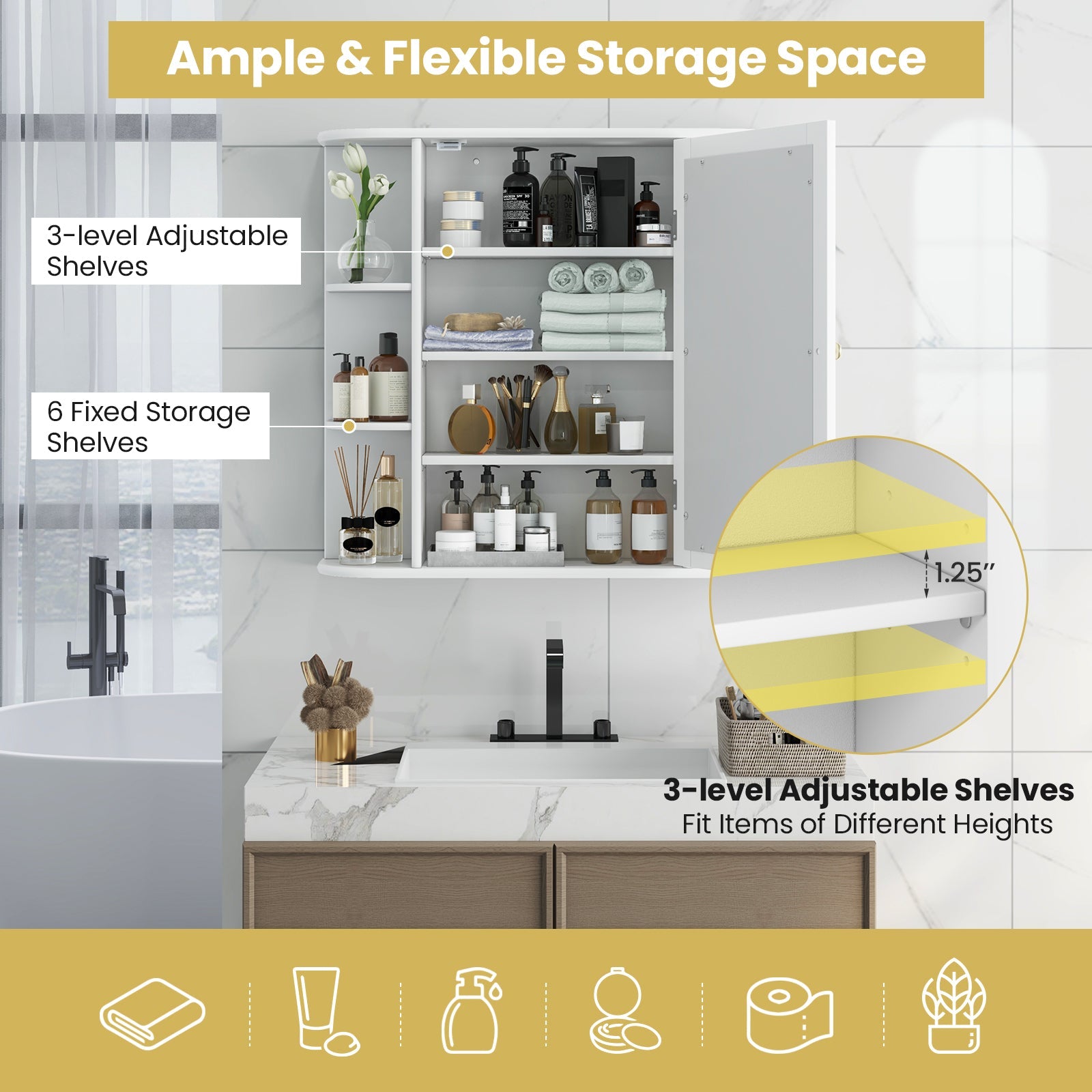 Multipurpose Mount Wall Mirror Bathroom Storage Cabinet-White