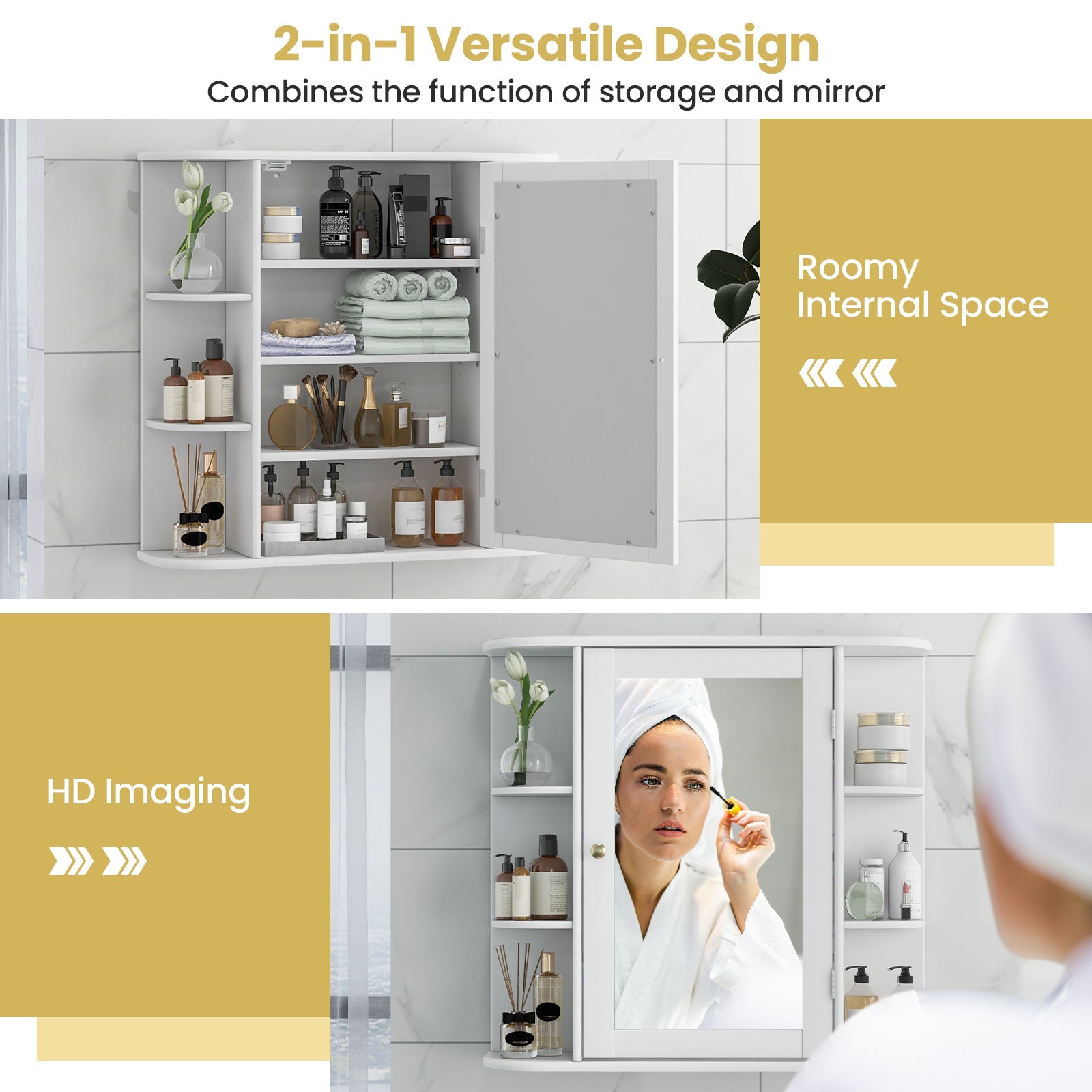 Multipurpose Mount Wall Mirror Bathroom Storage Cabinet-White