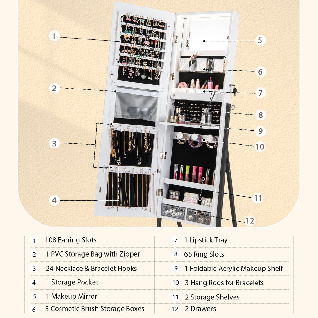 Freestanding Jewelry Cabinet with Full-Length Mirror-White