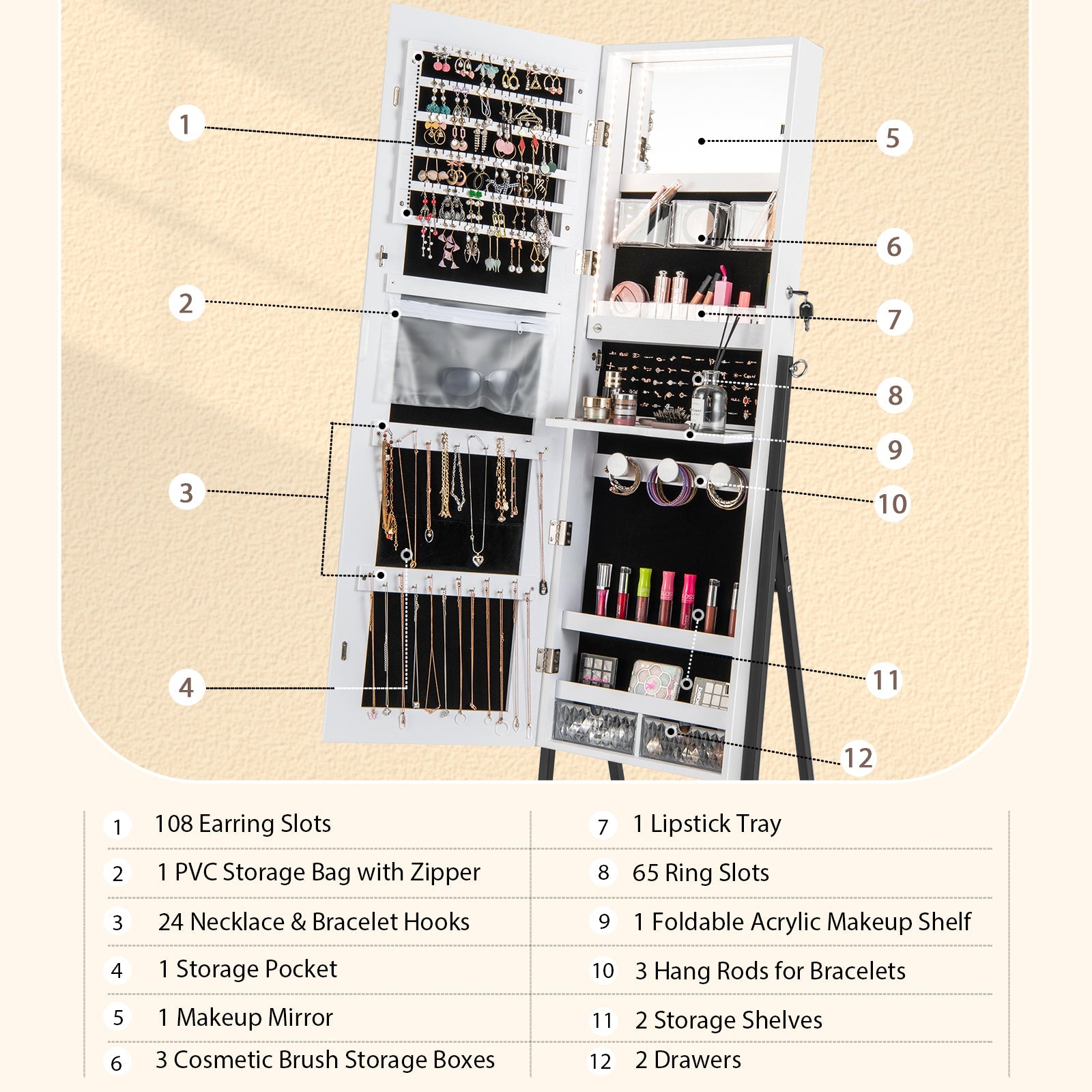 Freestanding Jewelry Cabinet with Full-Length Mirror-White