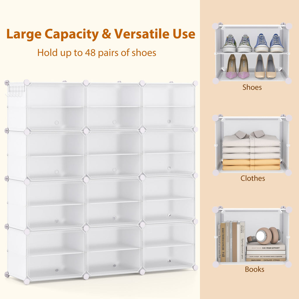 12-Cube 48 Pairs Portable Shoe Shelves with Hook-White