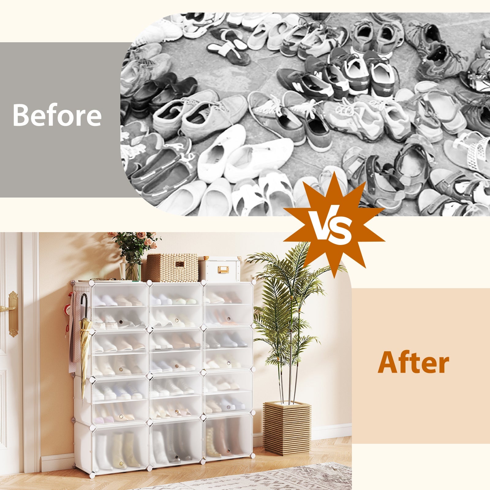 12-Cube 48 Pairs Portable Shoe Shelves with Hook-White