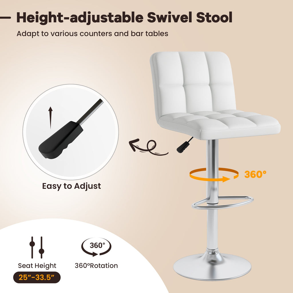 Set of 2 Square Swivel Adjustable PU Leather Bar Stools with Back and Footrest-White