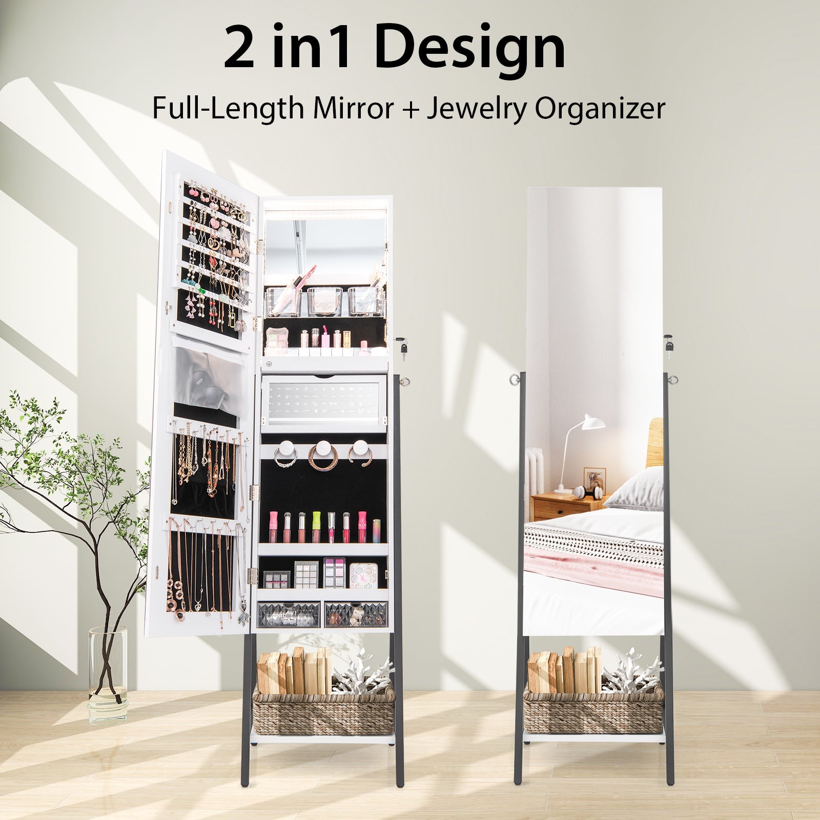 Freestanding Jewelry Cabinet with Full-Length Mirror-White