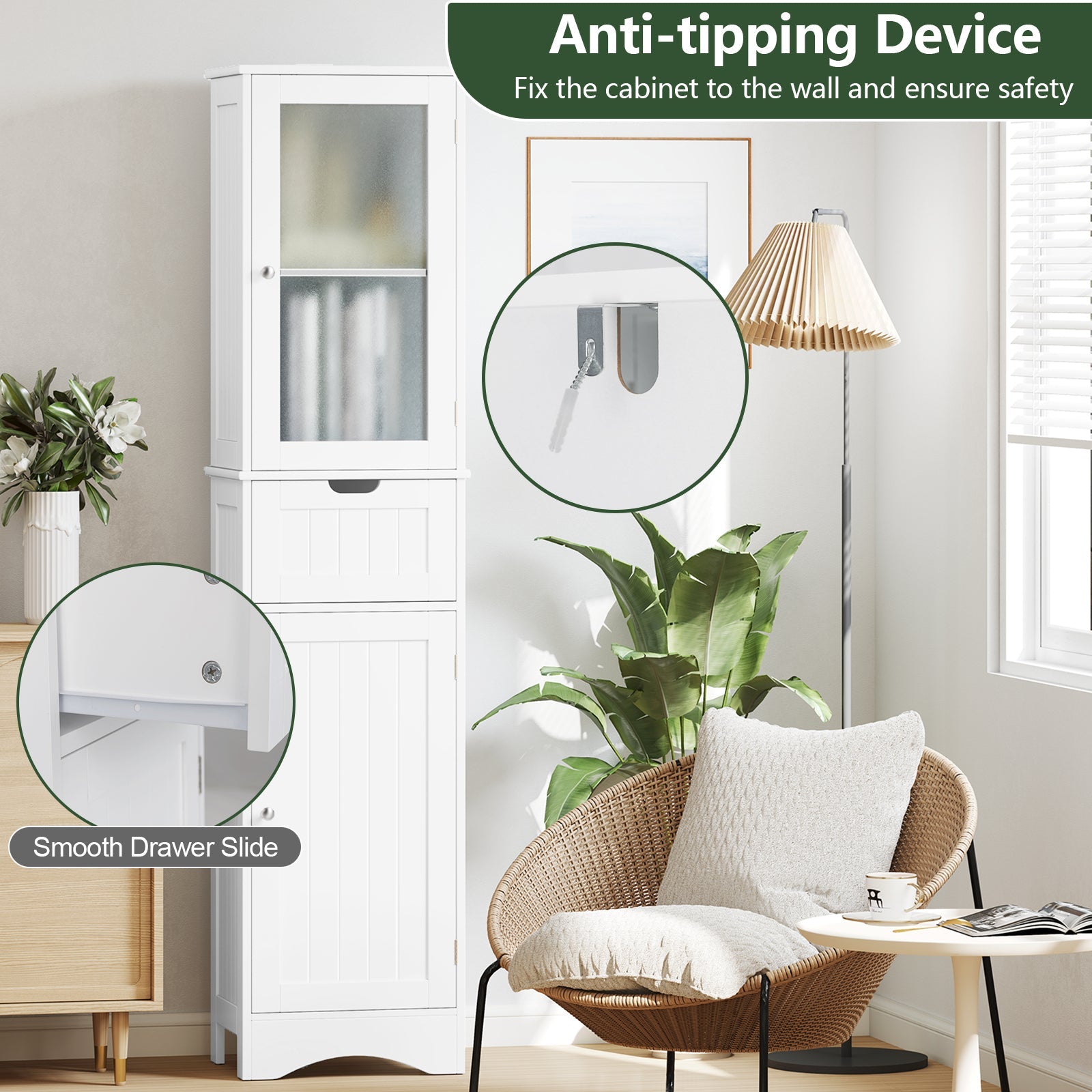 Tall Floor Storage Cabinet with 2 Doors and 1 Drawer for Bathroom-White