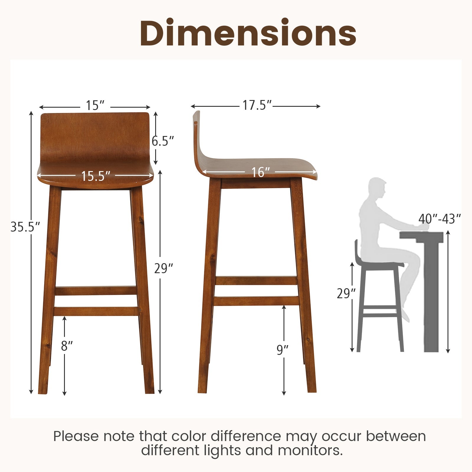 29 Inch Wood Bar Stools Set of 2 with Solid Back and Seat-Walnut