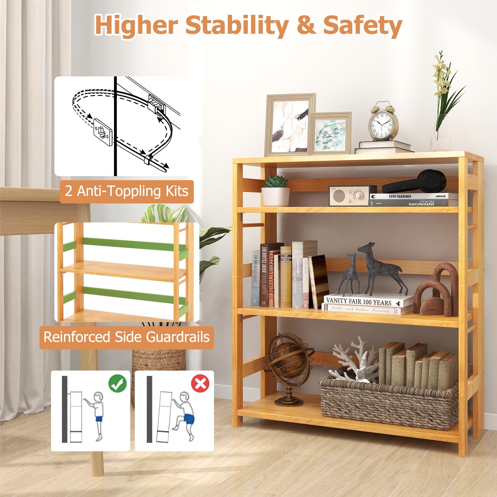 4-Tier Bookshelf Rubber Wood Bookcase with Side Fences for Living Room-29.5 inches