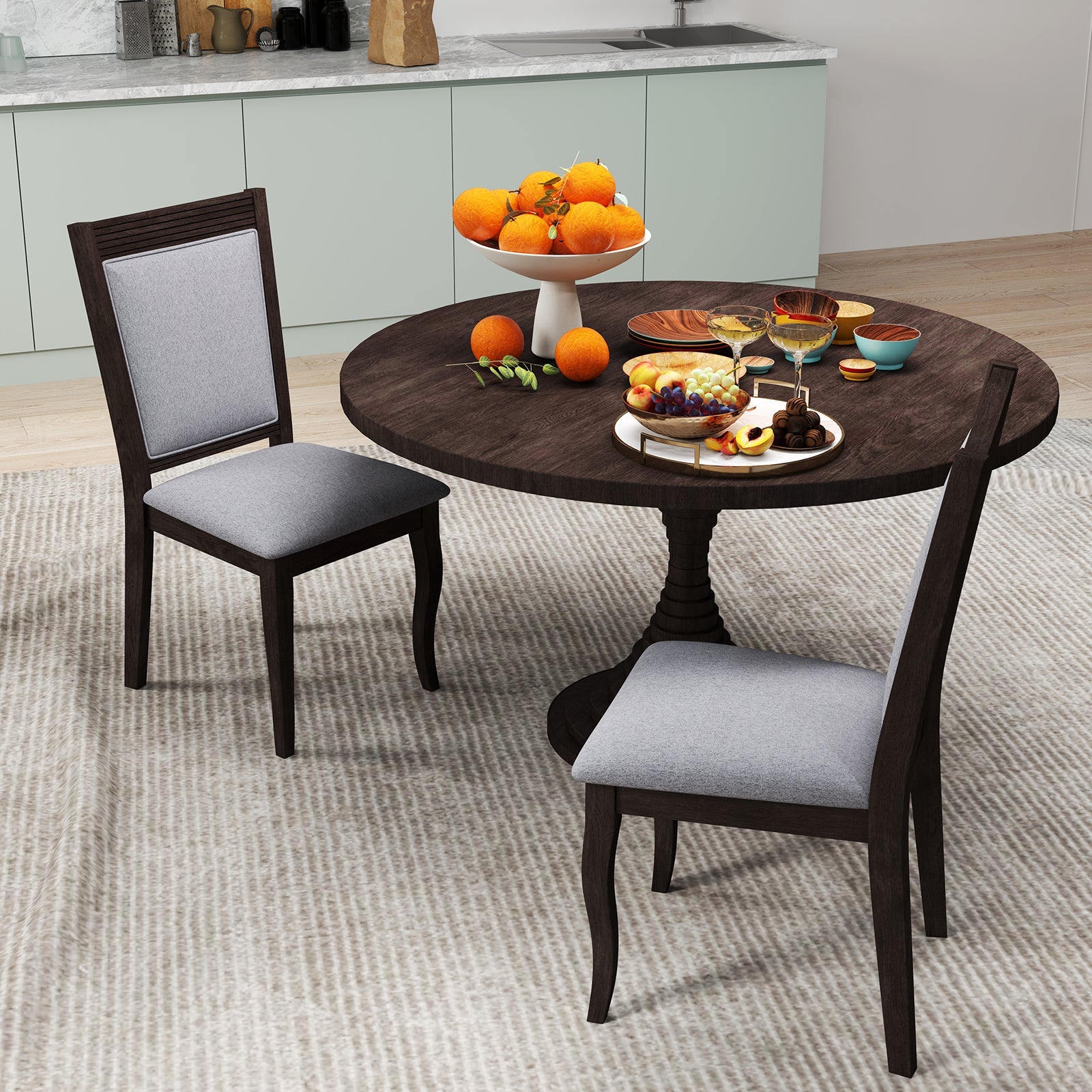 Wood Dining Chairs Set of 2 with Rubber Wood Frame and Padded Seat-Brown