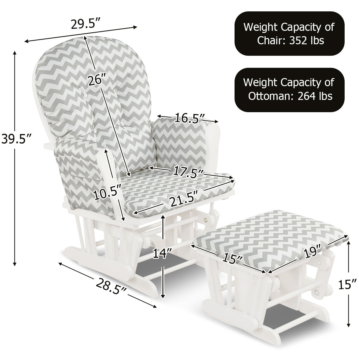 Wood Glider and Ottoman Set with Padded Armrests and Detachable Cushion-Gray and White
