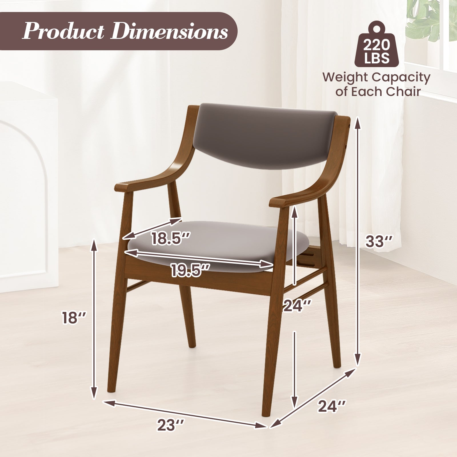 Wooden Dining Chair Set of 2 with Padded Seat and Back-Walnut